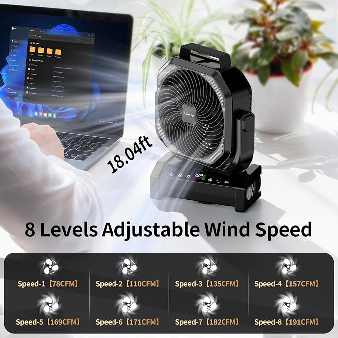 Socool Camping Fan with Light, 20000mAh Rechargeable Battery Fan with Remote, 112Hrs & 8 Speeds, Digital Display, Timer, Auto Oscillation, 270° Pivot & Hook for Outdoor Tent, Hurricane, Power Outage - Image 2