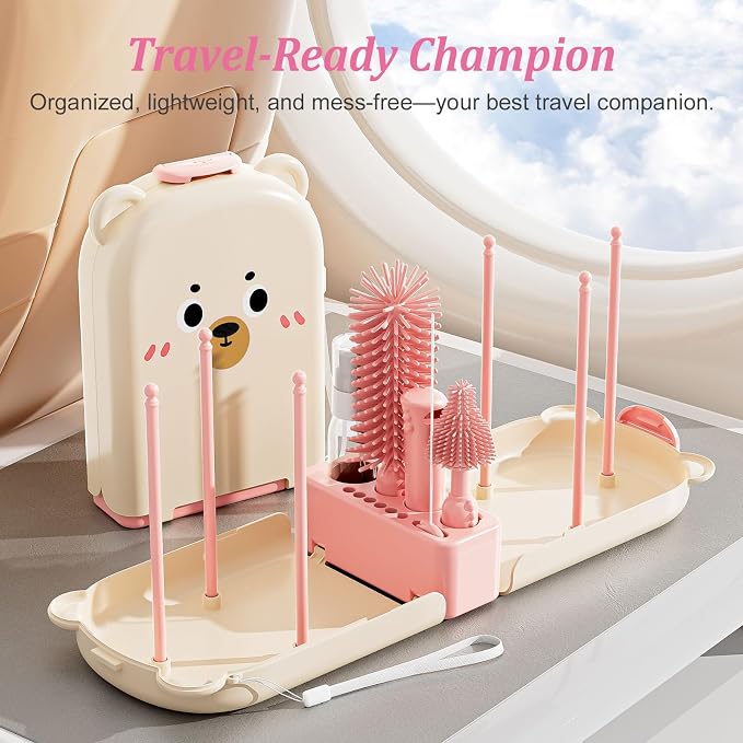 Pink Travel Baby Bottle Cleaner Kit – 6-in-1 Portable Brush Set with Drying Rack & Storage Case | Baby Travel Essentials for Flying, Newborn Bottle Cleaning & Breast Pump Parts On-The-Go - Image 7