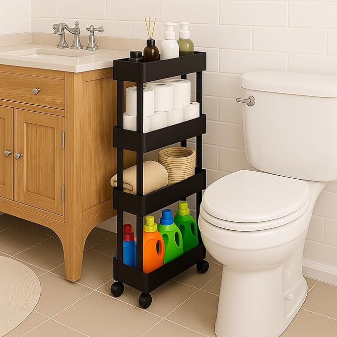 ShellKingdom 4 Tier Bathroom Storage Organizer, Slim Rolling Storage Cart for Narrow Space, Mobile Shelving Unit with Lockable Wheels and Hooks for Bathroom, Kitchen, Laundry Movable Shelf (Black) by ShellKingdom