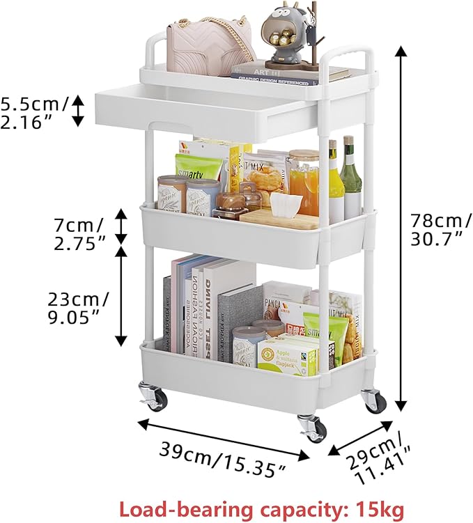 Calmootey 3-Tier Utility Cart with Drawer & Wheels, Storage for Home,Office | Space-Saving Organizer, Sturdy Plastic Shelves, Smooth-Rolling Metal Wheels, Built-in Drawer for Small Items, White - Image 5
