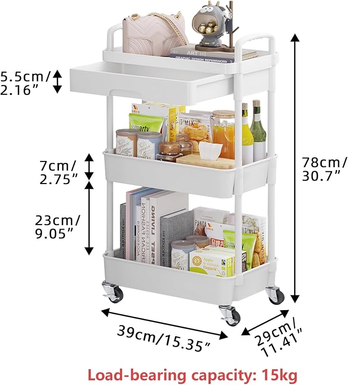 Calmootey 3-Tier Rolling Utility Cart with Drawer,Multifunctional Storage Organizer with Plastic Shelf & Metal Wheels,Storage Cart for Kitchen,Bathroom,Living Room,Office,White (Pack of 2) - Image 5