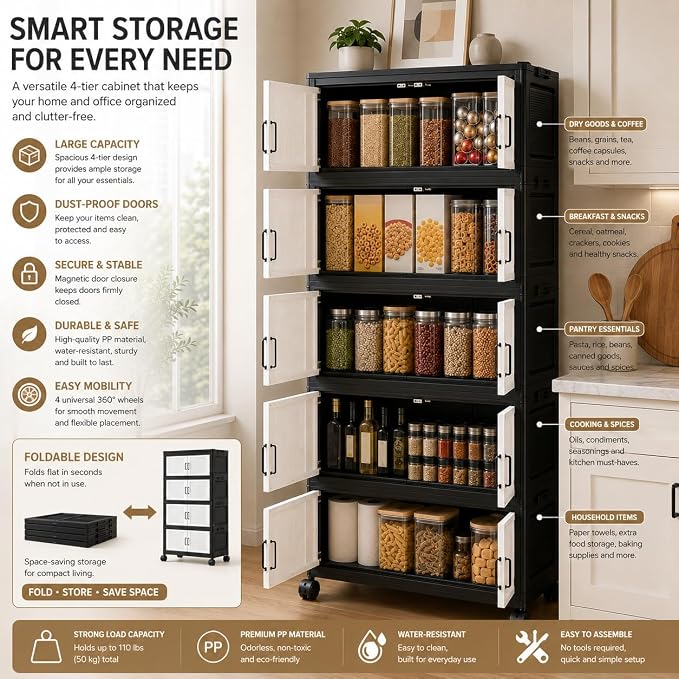 5 Tier Foldable Storage Cabinet with Top Lid, Tall Mobile PP Storage Organizer with Magnetic Doors and Wheels, Space-Saving Collapsible Organizer for Bedroom Living Room Kitchen Pantry Bathroom - Image 3