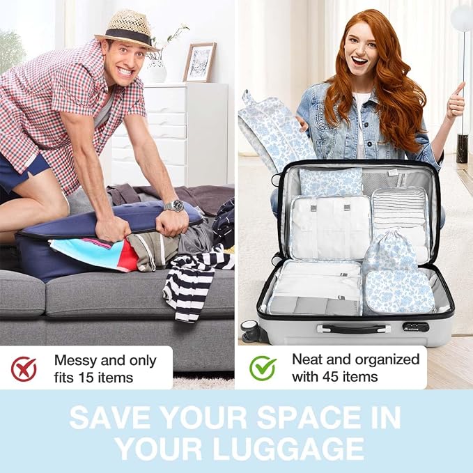 8 Set Packing Cubes for Suitcases,Packing Cube with Shoe, Cosmetics, Clothing, and Accessories Bags Packing Cubes for Travel Luggage Organizer Women Men(Blue Flowers) - Image 6