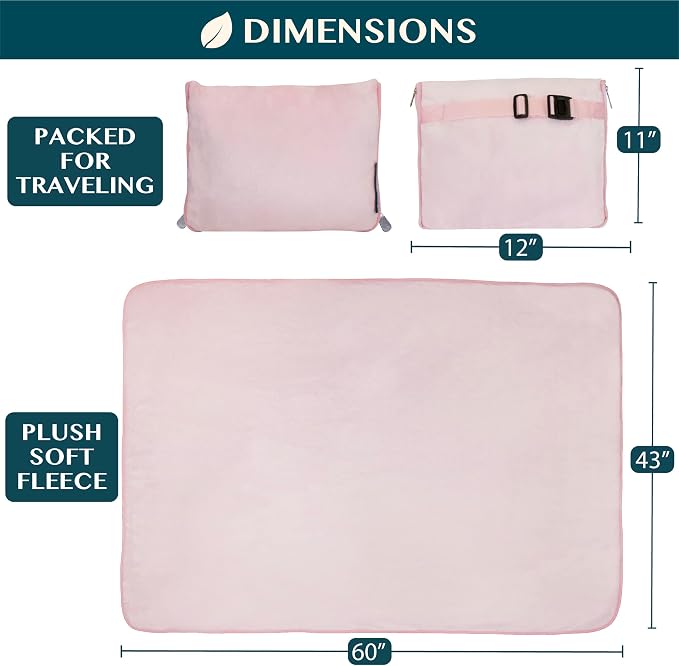 PAVILIA Travel Blanket Pillow, Soft Airplane Blanket 2-in-1 Combo Set, Plane Blanket Compact Packable, Flight Essentials Car Pillow, Travelers Gifts Accessories, Luggage Backpack Strap, 60x43 Pink - Image 6