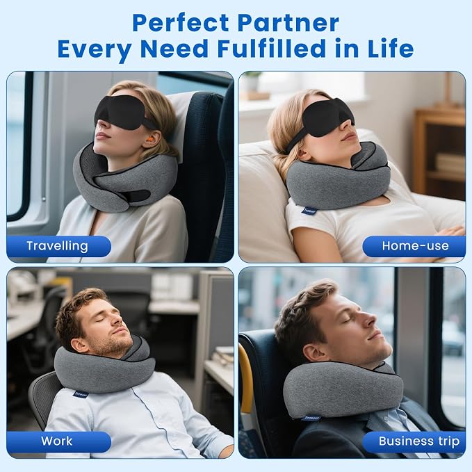 Travel Pillow Memory Foam Neck Pillow for Airplanes Long Flight Comfort 360° Support Airplane Pillow Design for Car Rides, and Home Use Travel Essentials, with Eye Mask, Earplugs and Storage Bag Large - Image 7