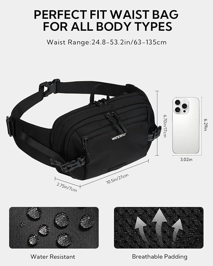 WATERFLY Fanny Pack Waist Bag: 3L Large RFID Anti-Theft for Travel | 180-Degree Opening Design, 5 Pockets, Nylon, Reflective Webbing, Adjustable Buckles, Hiking Daily Use, Women Men - Image 5
