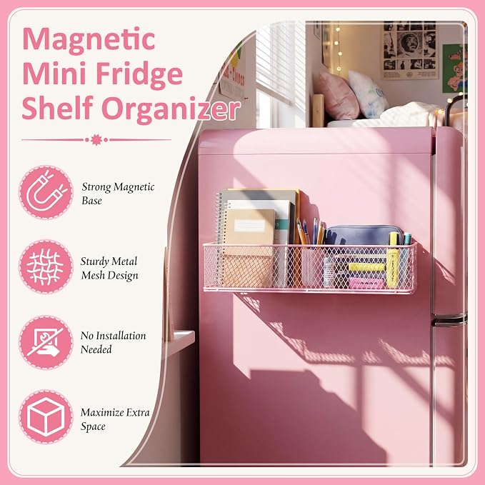 FoldTier 1 Pack Pink Magnetic Basket Dorm Mini Fridge Shelf Organizer Kitchen Storage Bin Container Spice Holder for Locker Refrigerator Pantry Dorm Essentials (13.8 x 3.1 x 4.9 Inch) - Image 3