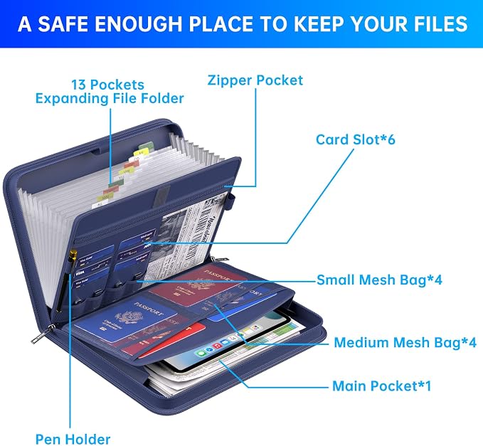 ENGPOW Accordion File Organizer,Fireproof Expanding File Folder with Multi Pockets,13 Pockets Document Organizer with Handle & Labels,Portable Home Travel Safe Storage Folder for Letter A4 Files,Blue - Image 4