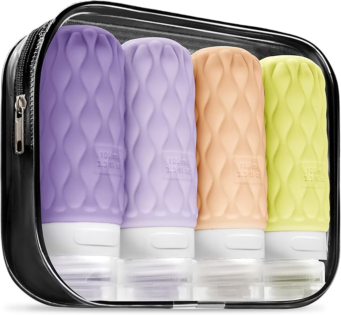 3.4oz Silicone Travel Bottles for Toiletries Refillable Liquid Accessories | for Shampoo and Conditioner, TSA Approved Leakproof Squeeze Bottles Travel-friendly with Labels/Clear Bag by Lericttor