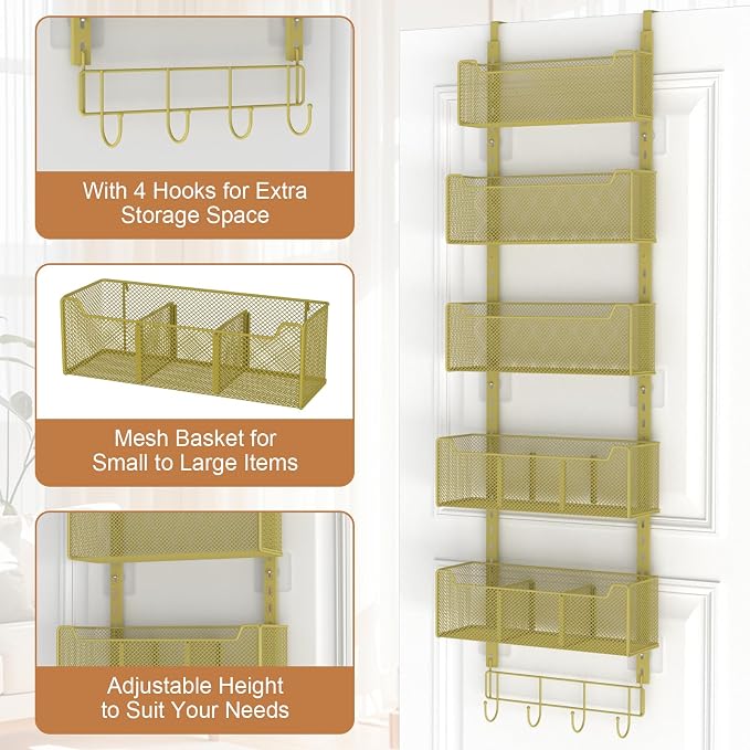 VyGrow Over The Door Organizer, Metal Door Organizer Hanging with 5 Adjustable Baskets and Coat Hook, Behind The Door Storage for Bedroom Closet Bathroom Pantry Cabinet Kitchen, Gold - Image 5