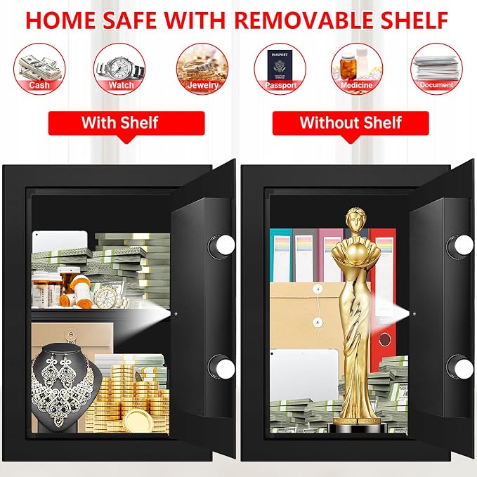 3.4 Cub Large Safes for Home Use, Digital Home Safe Box Fireproof Waterproof with Programmable Keypad, Spare Keys and Removable Shelf, Anti-Theft Fire Proof Safe for Document Money Valuables - Image 5