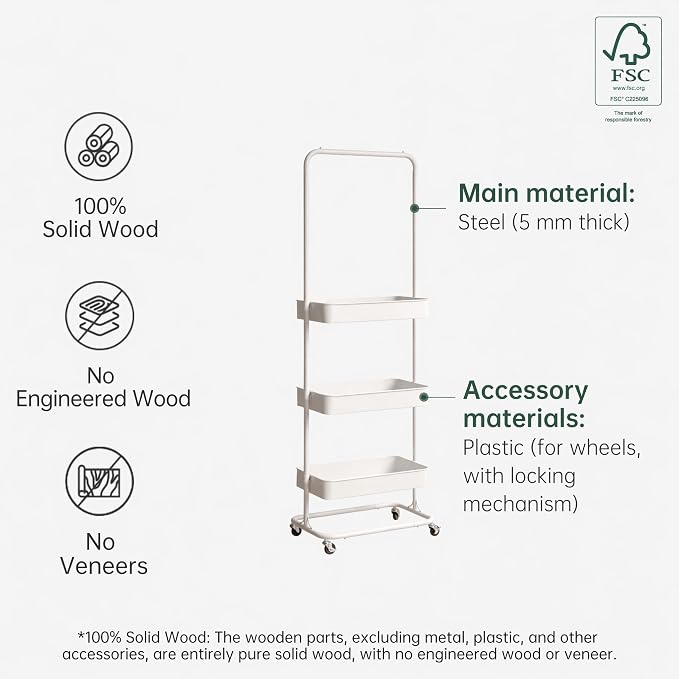 Tall 3 Tier Rolling Cart, Metal Storage Rack with Wheels for Indoor Spaces | Rust-resistant steel frame with adjustable tiers, locking wheels and 50 lbs shelves for flexible indoor organization. - Image 8