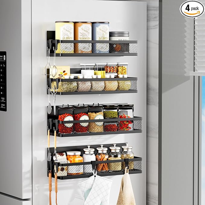Magnetic Spice Rack for Refrigerator, 4 Pack Magnetic Shelf with 10-Hook Rack, Carbon Steel, Black, for Kitchen Organizers and Storage by Umomi