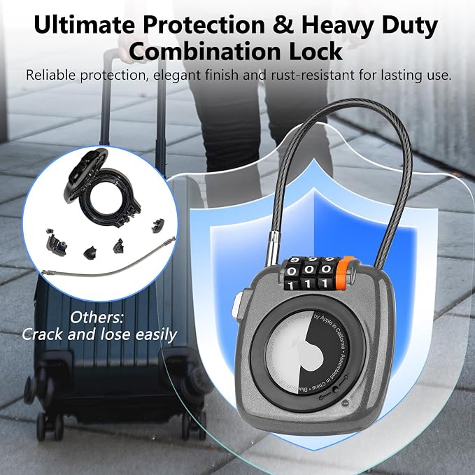 Compatible with Apple AirTag Secure Lock with Wire Cable, 3-Digit Combination Luggage Locks, Alloy Body Ultra Durable Anti-Lost Protective Case for Luggage, Suitcase (Grey*2) - Image 6