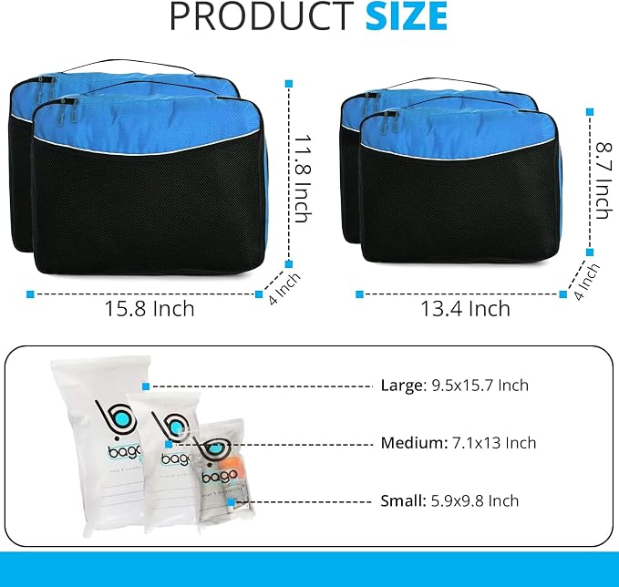 Bago Packing Cubes for Suitcases - 7Pcs Luggage & Suitcase Organiser Bags Set - Compression Packing Cubes for Travel Accessories Essentials - 4 Cubes plus 3 Sealed ZipBags (Blue), Blue, 4pcs Set, - Image 2