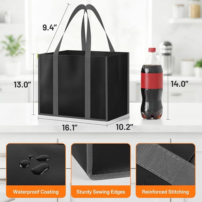 WISELIFE Reusable Grocery Bags with Handles, Foldable, 35L, 8 Pack, Black | Large Shopping Bags with Reinforced Stitching, Water-Resistant Grocery Totes for Kitchen, Market, Car Trunk, Picnic - Image 5