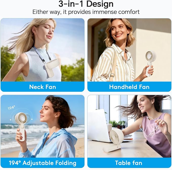 ZOZOO Portable Fan, USB Rechargeable 194°Folding Handheld Fan,5 Speed&LED Display &High Power Motor Table Fan, 3 IN 1 Quiet Strong personal Neck fans for Travel,Camping,Beach (White) - Image 5