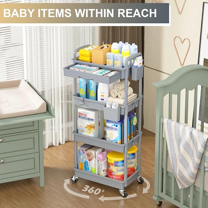 Goovilla 4 Tier Rolling Utility Cart Organizer with Removable Drawer, Grey | Stable and Sturdy Rolling Storage Carts with 2 Lockable Wheels for Bathroom, Kitchen, Snack, Craft, Makeup, Baby Essentials - Image 6