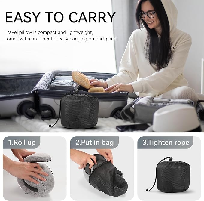 SZXYX Neck Travel Pillows - 100% Pure Memory Foam Neck Pillow for Airplanes, Comfortable Breathable Cover, 360° Support Stowable Pillows for Sleeping, Car, Airport Travel Essentials, Heather Gray - Image 4