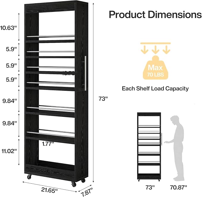 Tribesigns 73" Tall Slim Storage Cart on Wheels, 7-Tier Narrow Pantry Cabinet, Rolling Skinny Spice Rack Organizer Next to Fridge, Wooden Pull-Out Storage Shelf for Kitchen Small Spaces, Black - Image 2