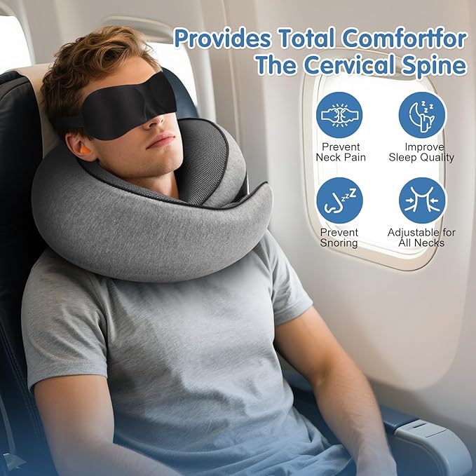 Travel Neck Pillow, Memory Foam Neck Support for Airplane, Car & Office, Breathable Portable Design with Eye Mask, Earplug Holder & Carry Bag, for Men&Women - Image 2