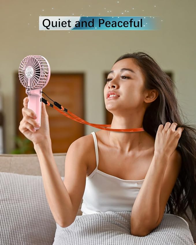 Portable Fan Handheld Fan, Mini Hand Held Fan, 6-15H Cooling Small Personal Fan, 180° Foldable Mini Desk Fan with 4 Quiet Speed, Neck Fan w/Lanyard for Kids Women Men Travel Outdoor Office, Pink - Image 5