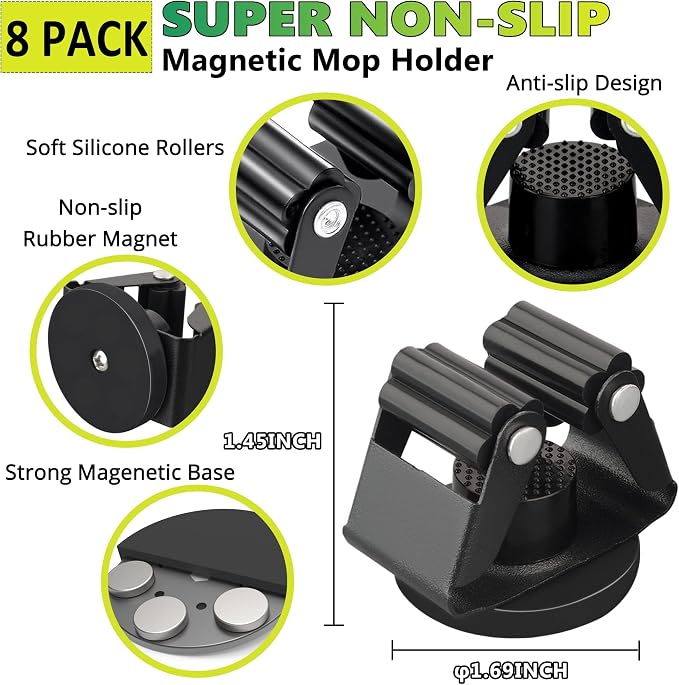 ULIBERMAGNET Magnetic Mop Broom Holder,Heavy Duty Movable Magnetic Broom Holder Rack,Anti-slip Wall Mounted Utility Storage Mop Shovel Hanger for Garage, Kitchen, Laundry, Garden(8 Pack/Black) - Image 2