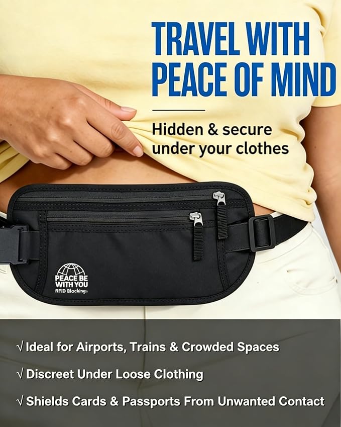 Money Belt for Travel, Passport Holder, RFID Blocking, Extender Strap | 3rd Gen Slim Waist Wallet Anti Theft to Protect Cash, Credit Cards and Document Under-Clothes for Men & Women, Black, Bamneat - Image 2