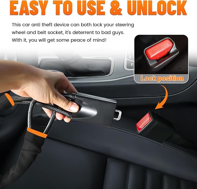 DualGuard Car Steering Wheel & Seat Belt Lock - 17" Universal Anti-Theft Device for Vehicles, SUVs, Golf Carts | Compact & Lightweight Security Lock with Multi-Function Keys (Black) - Image 5