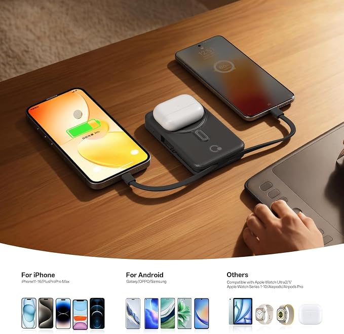 Q Magnetic Wireless Portable Charger 10,000mAh, Travel Essentials Power Bank with Built-in Cables & Foldable Stand, External Battery Pack Compatible with iPhone 17/16/15/14/13/12, Apple Watch - Image 5