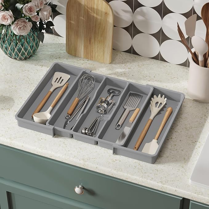 Lifewit Utensil Organizer for Kitchen Drawers, Expandable Utensil Tray | Adjustable Cooking Cutlery Silverware Flatware Holder, Plastic Spatula Tools Storage Divider, 13-22 x 15", Gray - Image 9