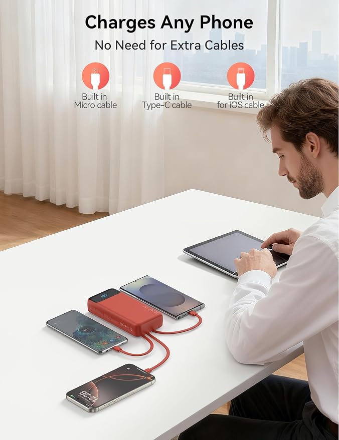 Nusyddy Portable Charger 20000mAh 22.5W w/4 Built-in Cables/6 Outputs Red | 22.5W Fast Charging, LED Display, Pass Through Charging, Charge 6 Devices at once, TSA Approved, Fits iPhone, iPad, Samsung - Image 7