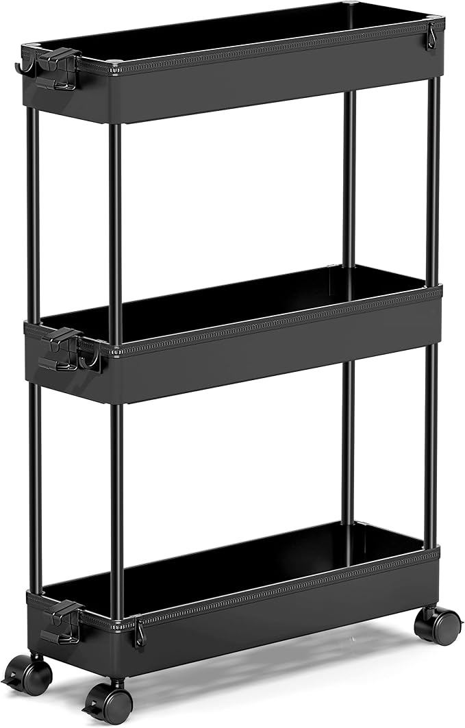 SPACEKEEPER Slim Rolling Storage Cart, 3 Tier Bathroom Storage Organizer Laundry Room Utility Cart Mobile Shelving Unit, Multi-Purpose for Kitchen Office Bathroom Laundry Narrow Places, Black | Narrow Rolling Cart with Wheels for Kitchen Office Bathroo... by SPACEKEEPER