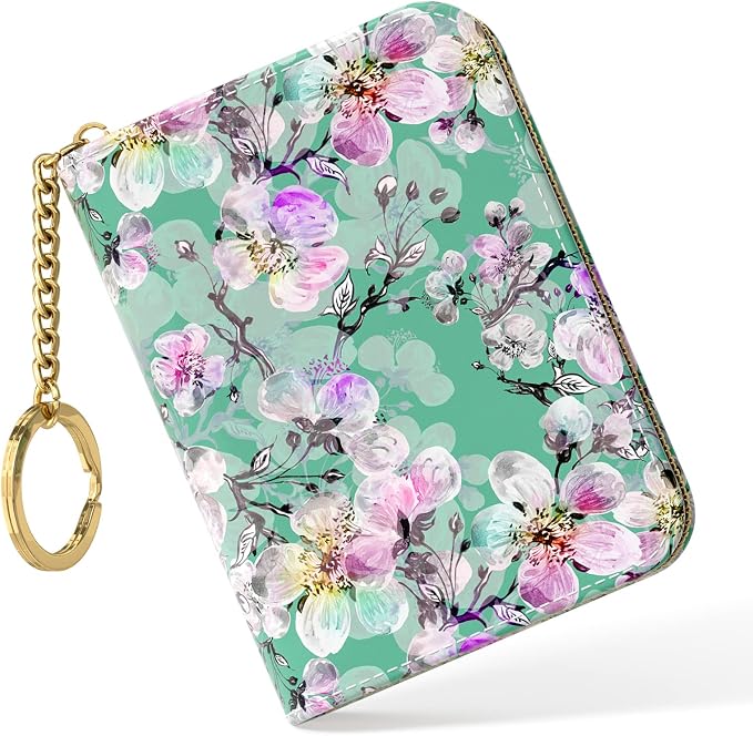 Nipichsha Women's Small RFID Blocking Credit Card Wallet, Plum Flower, Leather, Slim and Compact Size, 12-Slot with Privacy Protection | Leather Card Holder Wallet, Credit Card Wallet Organizer, Business Card Case with Zipper & Keychain, 12-Slot Compar... by Nipichsha