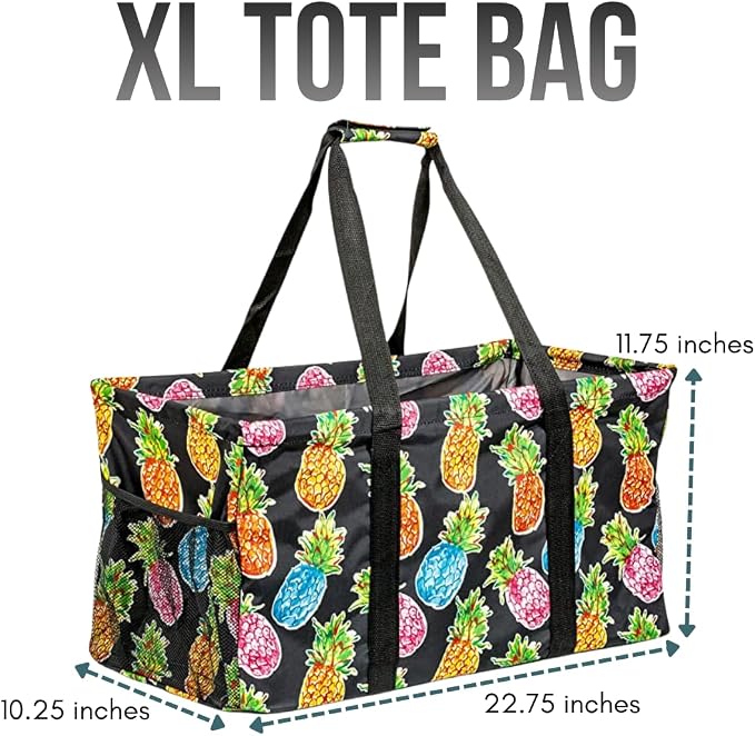 Extra Large Utility Tote Bag - Oversized Collapsible Reusable Wire Frame Rectangular Canvas Basket With Two Exterior Pockets For Beach, Pool, Laundry, Car Trunk, Storage - Pineapple - Image 5