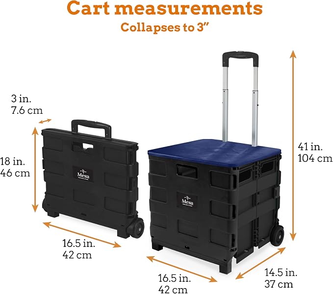 Inspired Living Collapsible Ultra-Slim Pack-N-Roll,2 Wheel Utility Cart w/Lid Used as Seat up to 250 Lbs, Telescopic Handle - Super Strong, for Home, Garden, Shopping, Office, School use, Large, Blue - Image 2