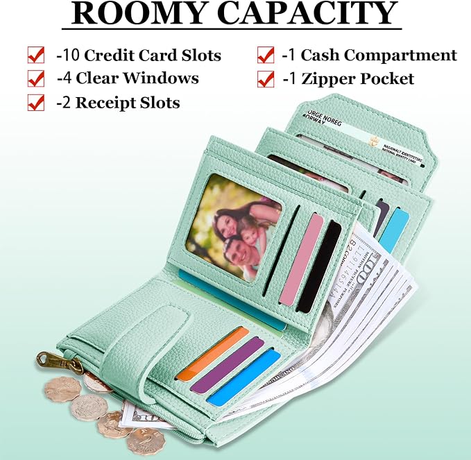 Small Wallet Women RFID Blocking Soft Leather Bifold Compact Card Holder Wallet for Women with Zipper Coin Pocket 4 ID Window - Image 4