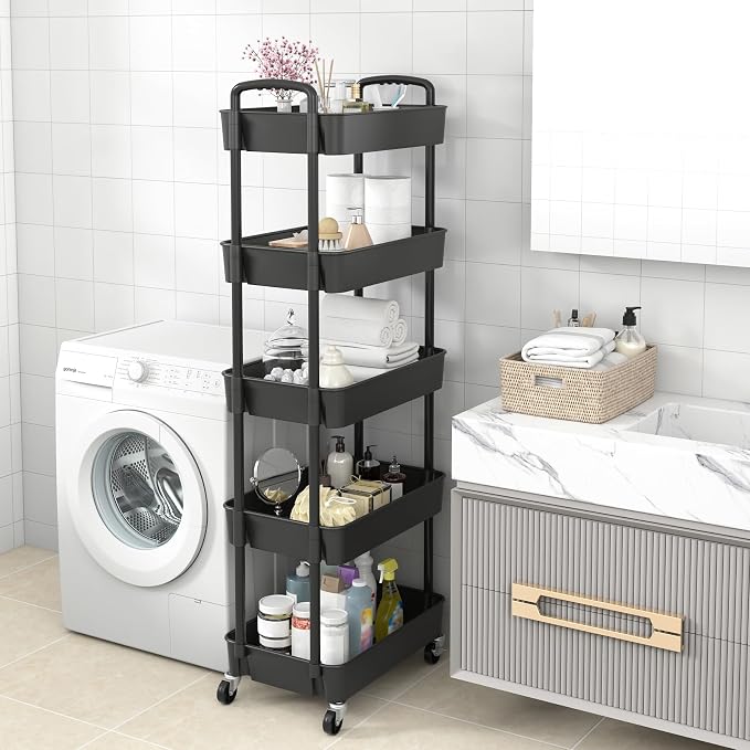 Sywhitta 5-Tier Plastic Rolling Utility Cart with Wheels,Black | Multi-Functional Storage Trolley, for Office, Living Room, Kitchen, Bathroom,Movable Organizer,Space-Saving,Easy to assemble - Image 7