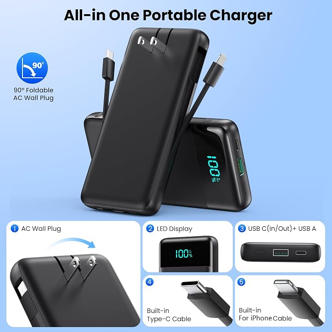 Portable Charger for iPhone,13800mAh Slim Power Bank with Built-in Cables & AC Wall Plug,All in One 4 Outputs USB C Fast Charging Battery Pack Powerbank for iPhone 17/16/15/14,Android,Travel Essential - Image 2