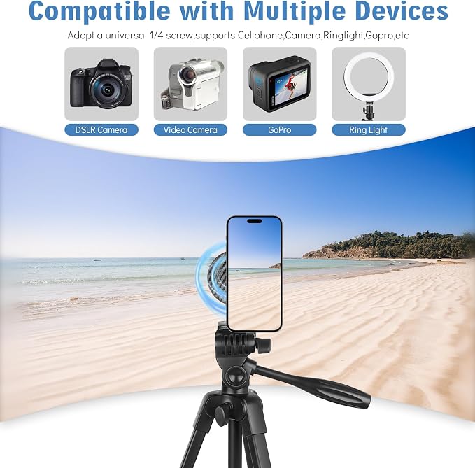 55" Phone Tripod, PHOPIK Aluminum Extendable Tripod Stand with Shutter, Carrying Bag, Compatible with iPhone/Android/Sport Camera&Insta 360 x5 Perfect for Video Recording/Selfies/Live Stream/Vlogging - Image 4