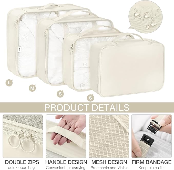 KPX 8 Set Packing Cubes for Travel, Luggage Packing Organizers Accessories Large Toiletries Bag for Clothes Shoes Cosmetics (Beige) - Image 3