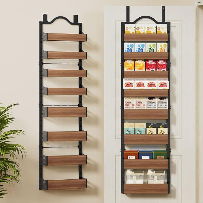 8-Tier Pantry Door Organizer, Over the Door Pantry Organizer with Wooden Adjustable Baskets, 2 IN 1 Spice Rack Wall Mount or Door Organizer, Door Spice Rack（12.4"W x 5.5"D x 66.1"H,1 Pack, Black) by FREEXPLOYER