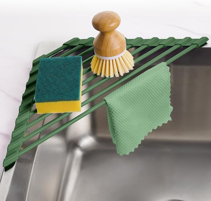 Tomorotec Roll Up Dish Drying Rack with Silicone Coating, Army Green | 304 Stainless Steel with BPA-Free Silicone, Triangle Design Maximizes Sink Corner Space, Fits Compact Kitchens And RVs by Tomorotec