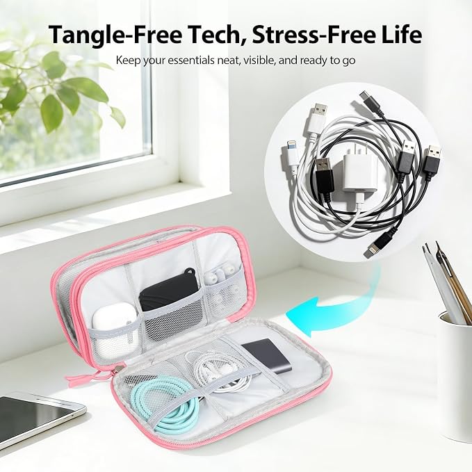 Travel Electronics Organizer Double Layer Tech Pouch Pink | Water-resistant Oxford fabric with 8 compartments for 3ft+ cords, chargers and phones. Includes 8 cable ties. - Image 5