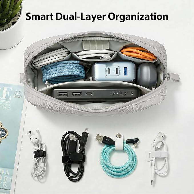 Electronics Organizer Bag for Chargers & 3ft+ Cords, Gray | Water-resistant Oxford fabric with padded lining and 8 compartments for tangle-free storage. Includes 8 cable ties. - Image 3