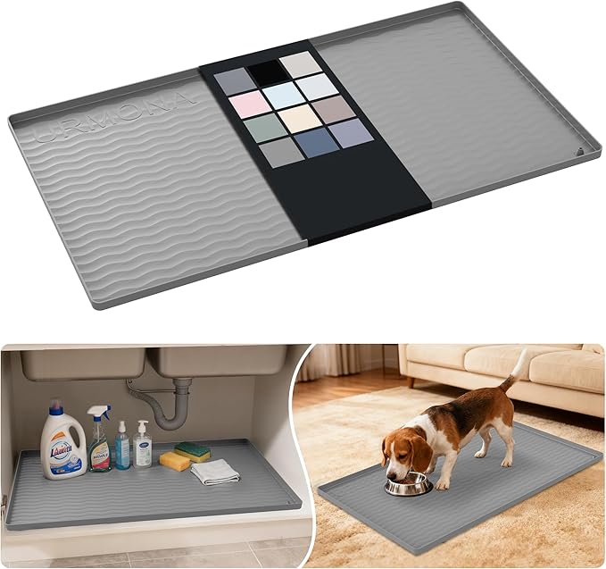 URMONA Waterproof Silicone Under Sink Mat 34'' x 19'' Shelf Liner for Kitchen and Bathroom, Cabinet and Counter Protector, Storage and Organizers, Litter Mat, Pet Cat Puppy Essentials(Beige) by URMONA