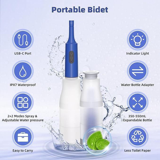 Hibbent Portable Bidet for Travel, High Pressure Electric Handheld Bidet Sprayer, 350-550ML Expandable Bottle for Personal Hygiene, USB-C Rechargeable Waterproof, Travel Sprayer for Women & Men, Blue - Image 6