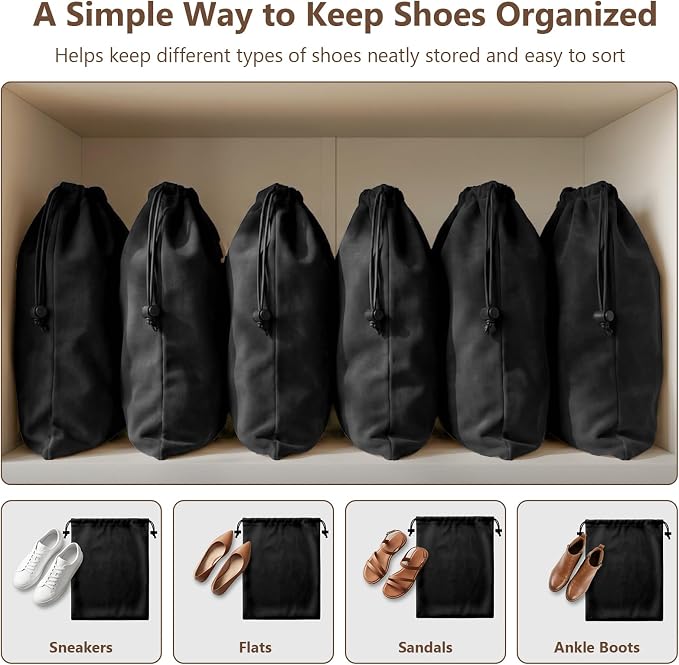 6 PCS Flannel Cloth Shoe Bags for Travel & Packing for Women & Men | 17.7 x 13.8 in | Fits One Pair up to Men's US Size 13 | Drawstring | Dust Resistant | Washable & Reusable | Closet Storage - Image 7