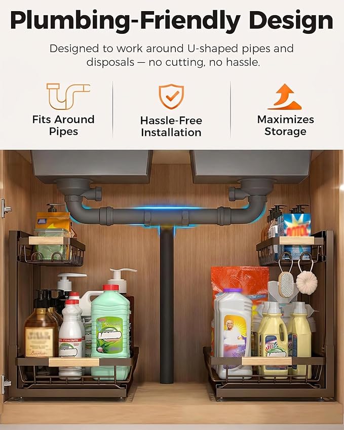 2-Pack 2-Tier Height Adjustable Under Sink Organizer & Storage | Multi-purpose storage for kitchen & bathroom cabinet. Extra Large brown shelf, height adjustable design for space-saving. - Image 5