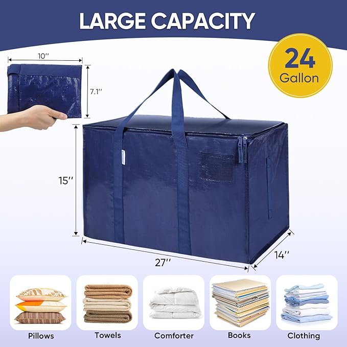 TICONN 2 Pack Extra Large Moving Bags Heavy Duty with Zippers & Carrying Handles, Durable Storage Bags Moving Boxes for Closet Organizers and Storage (2 Pack, Navy) - Image 5